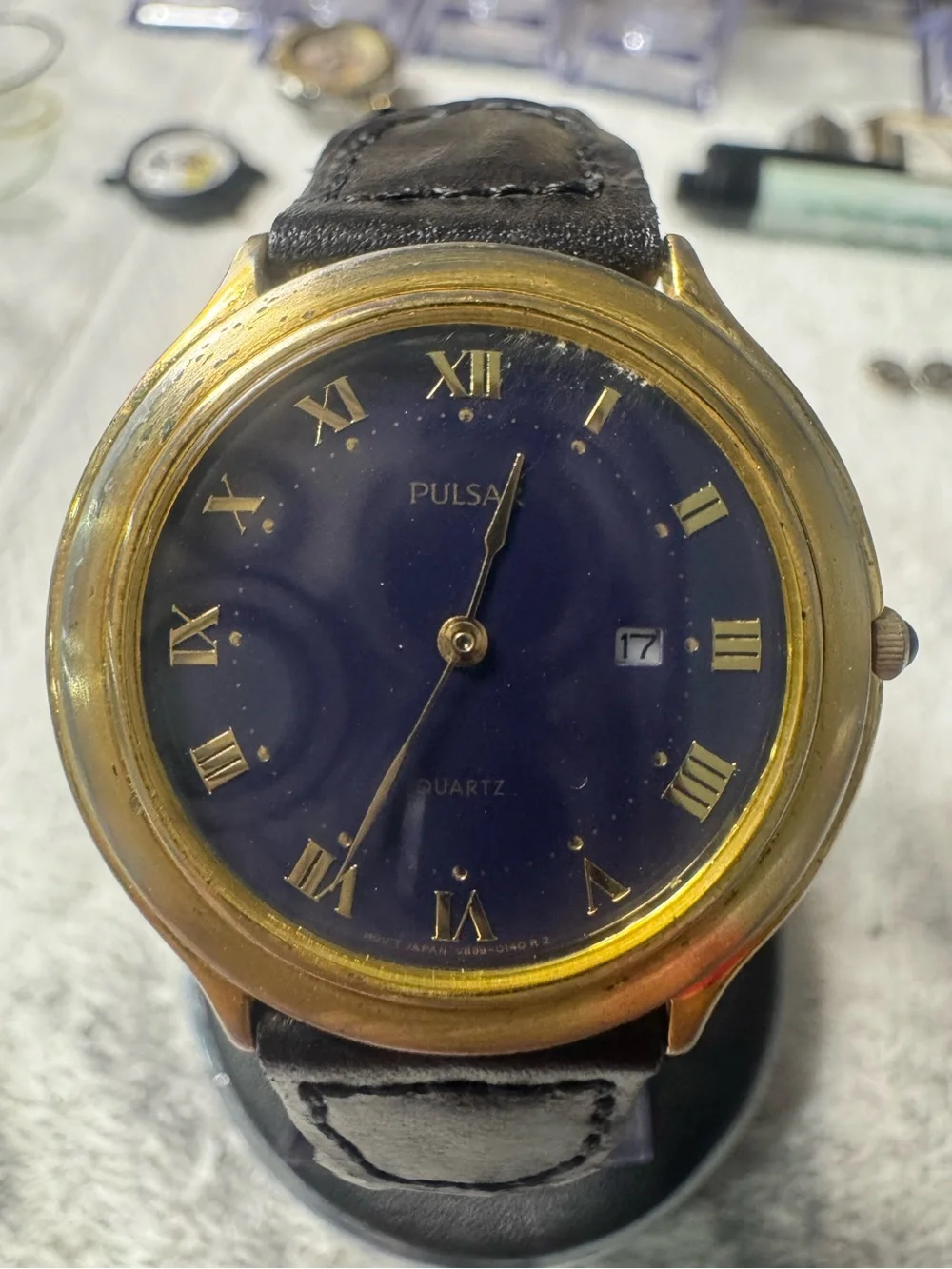 Pulsar Gold-Tone Case Navy Dial Black Leather Strap Watch